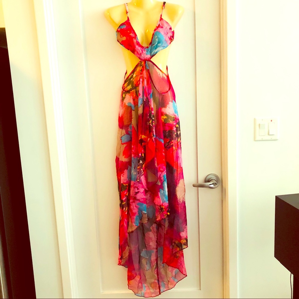 ✅ Gorgeous Pink & Floral Sheer Cut-Out Maxi Dress